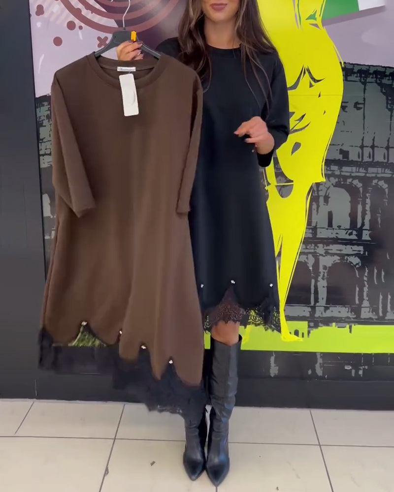 Chic Round Neck Dress with Elegant Lace Accents