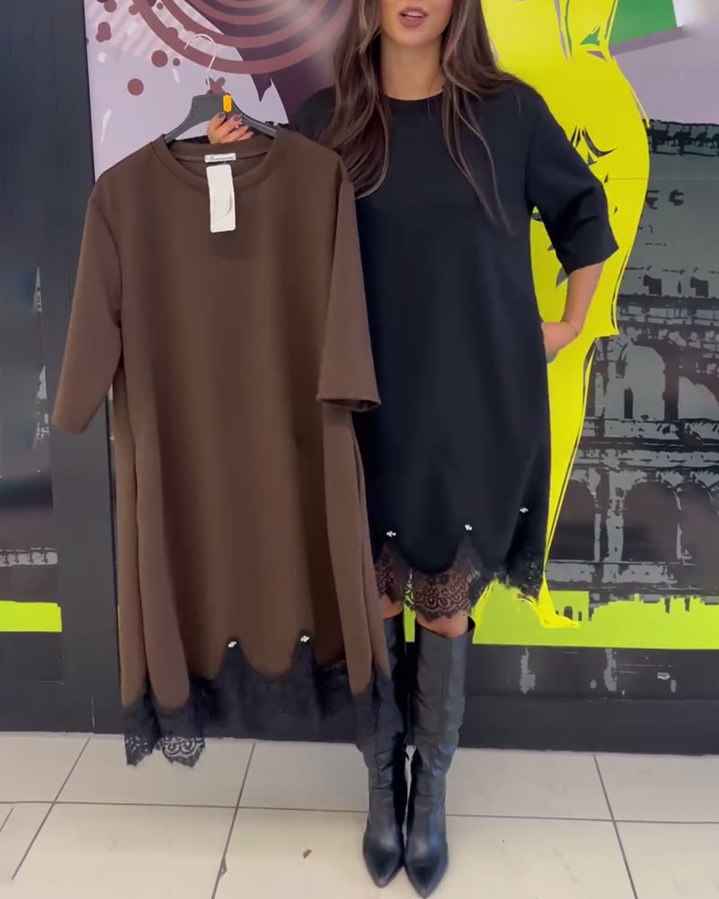 Chic Round Neck Dress with Elegant Lace Accents